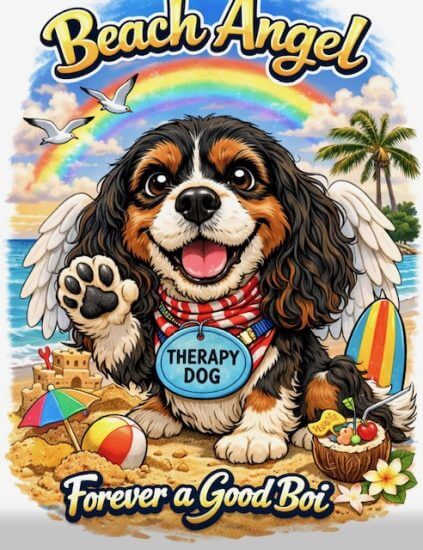Illustration of a winged therapy dog on a beach with toys, palm trees, and a rainbow.